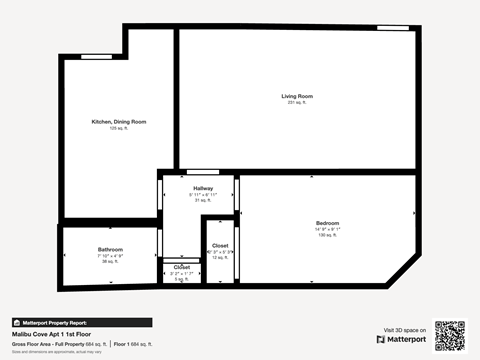 Floor plan for 1 bed, 1 bath, 650 sqft